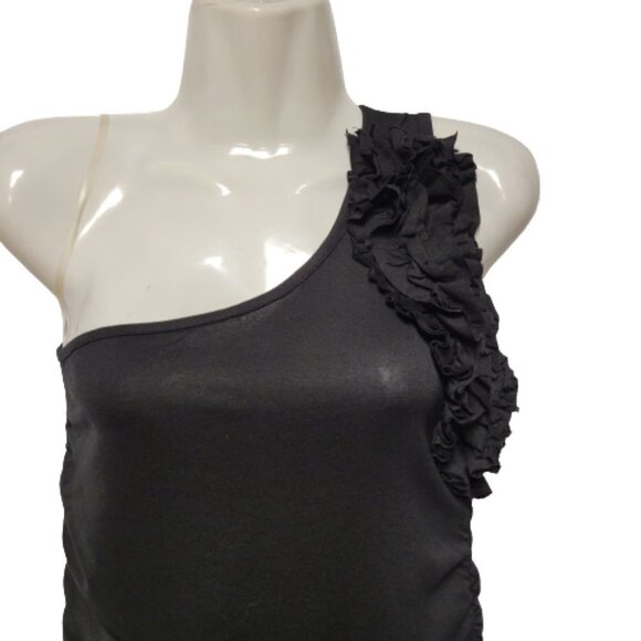 ONE Shoulder Body Con Black Dress Mini Ruched Ruffle  Size L - Picture 3 of 10